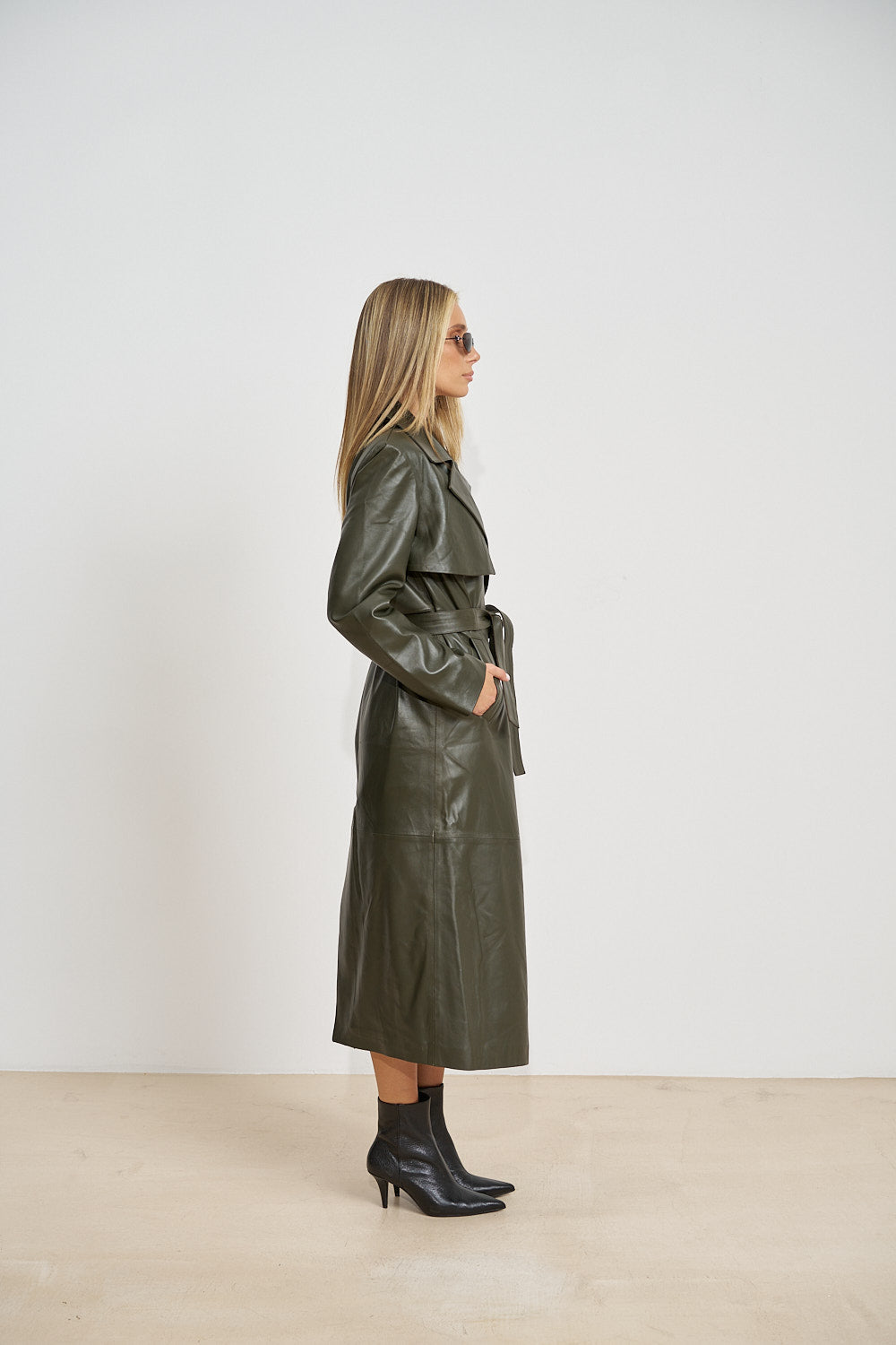 Trench Lung din Piele Naturală, cu Cordon, Olive 668