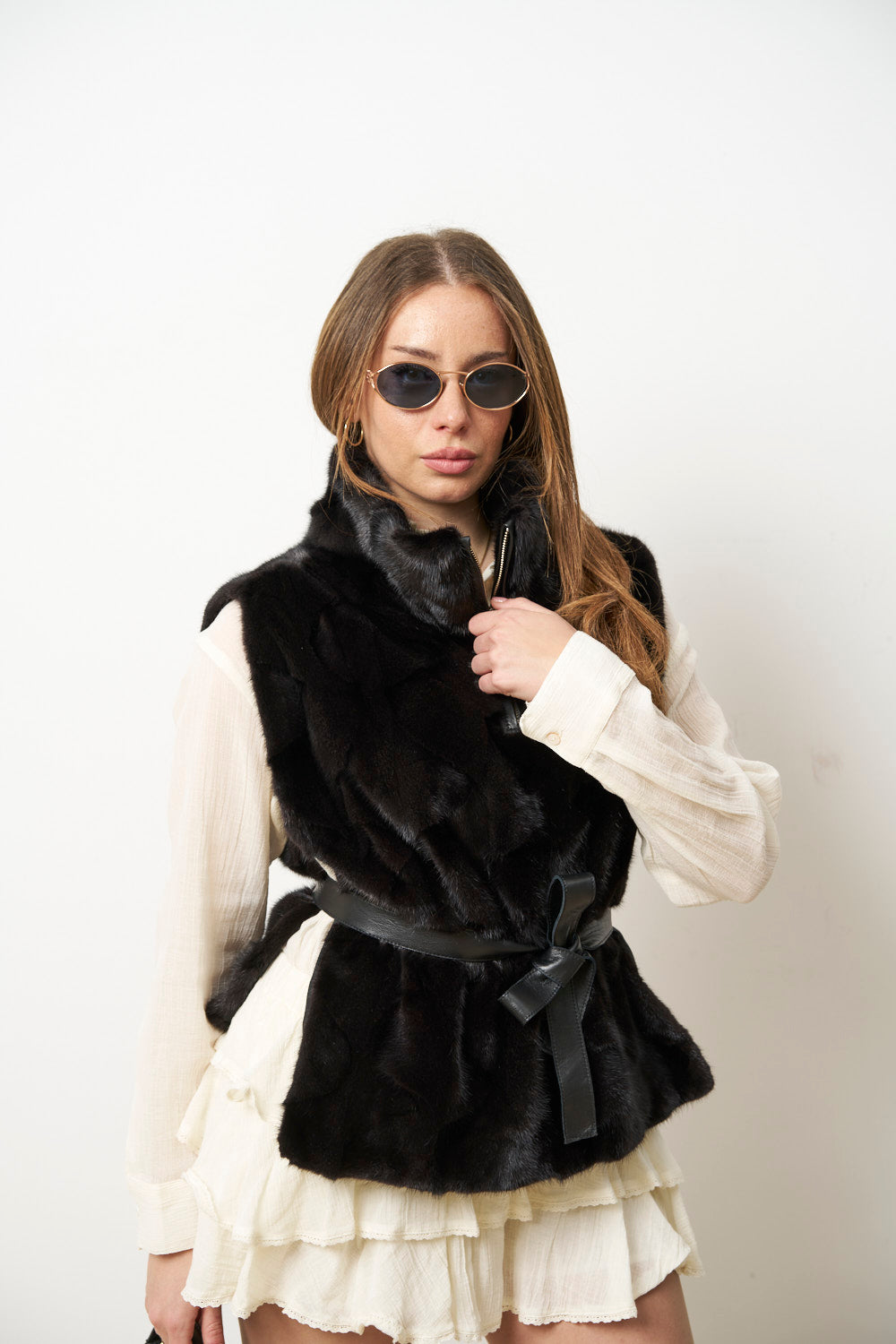 Vestă din Blană Naturală de Vizon pentru Femei, Decupata, Neagra, Mareus