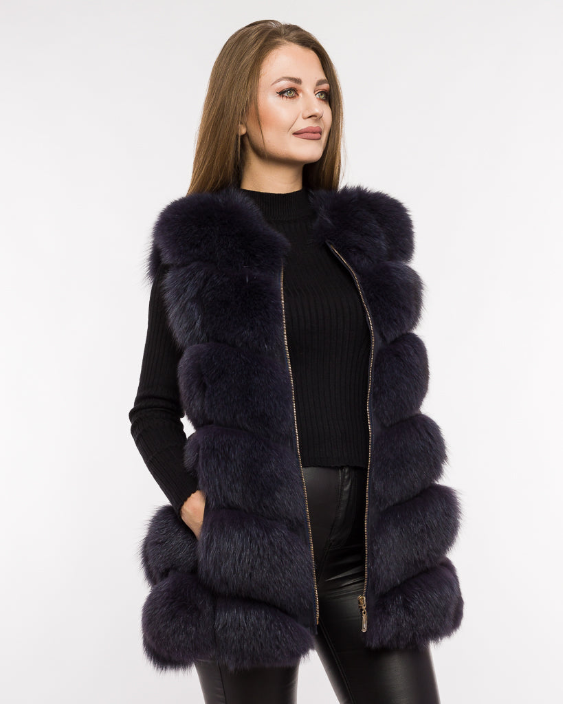 Vestă din Blană Naturală de Vulpe, Short, Femei, Antracit 340