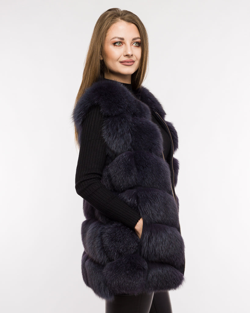 Vestă din Blană Naturală de Vulpe, Short, Femei, Antracit 340