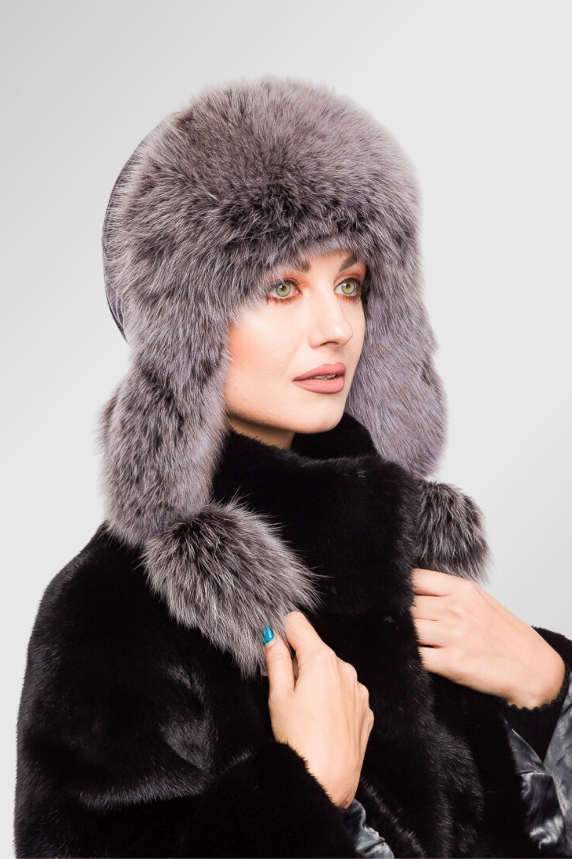 Women's Natural Fox Fur and Leather Hat, Silver Blue