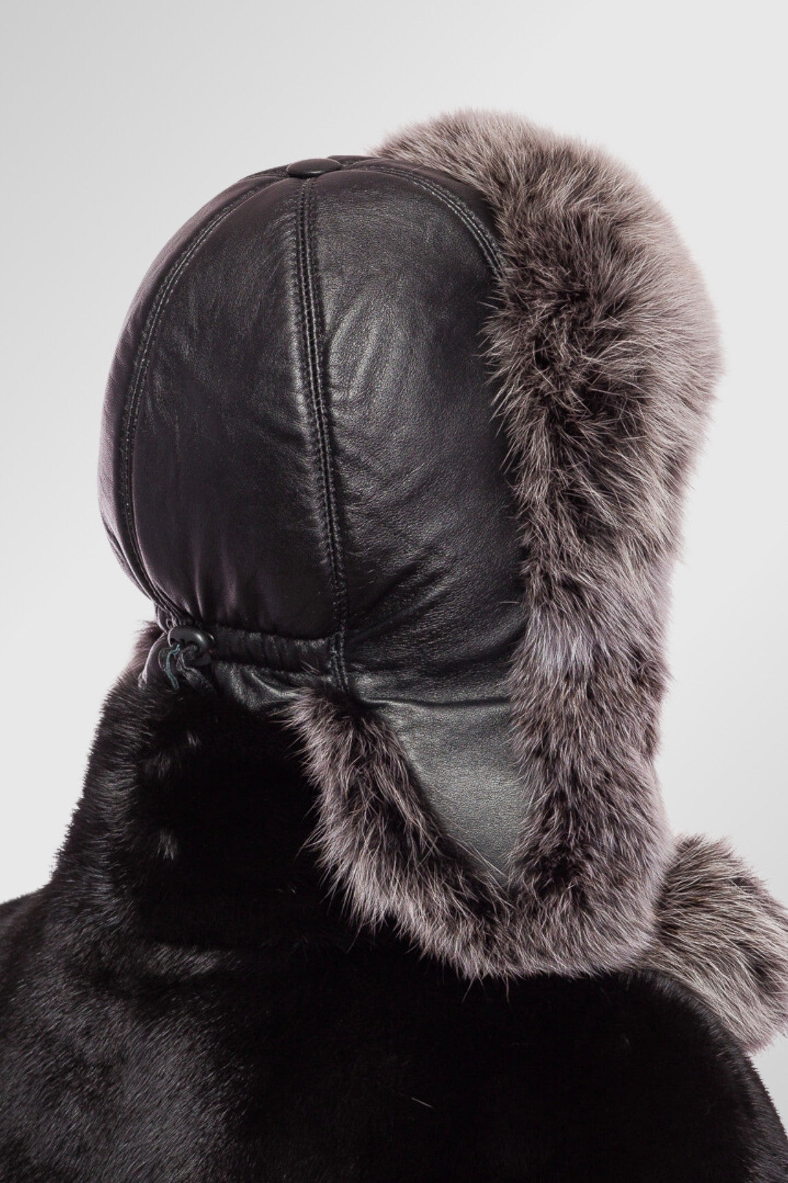 Women's Natural Fox Fur and Leather Hat, Silver Blue