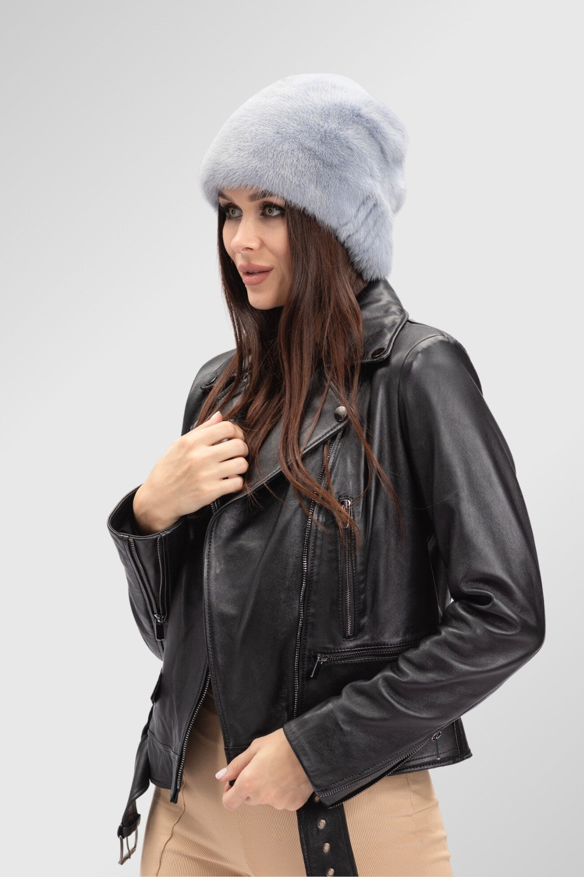 Women's Natural Mink Fur Hat, Silver Grey