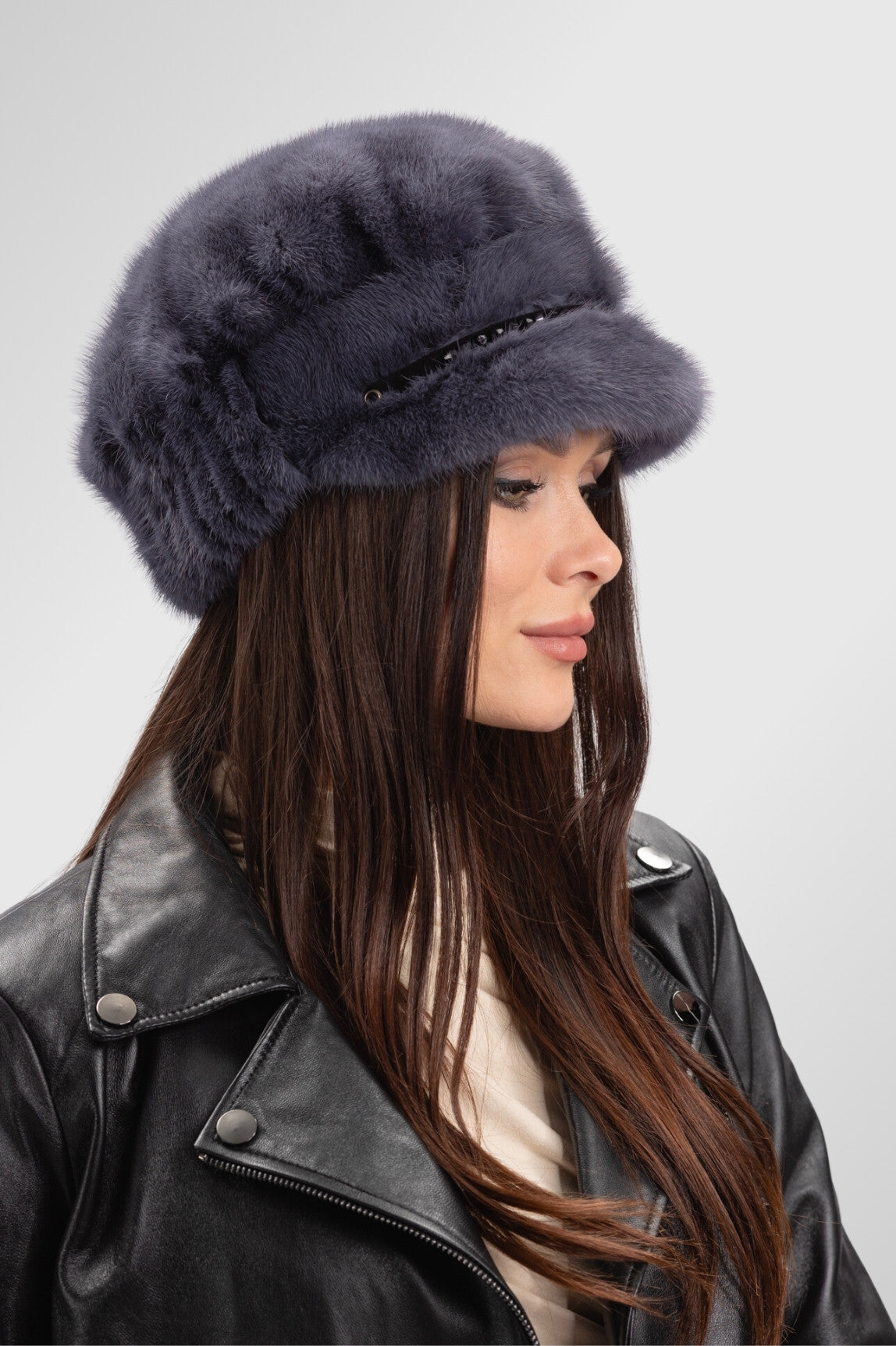 Women's Natural Mink Fur Cap, Silver Blue