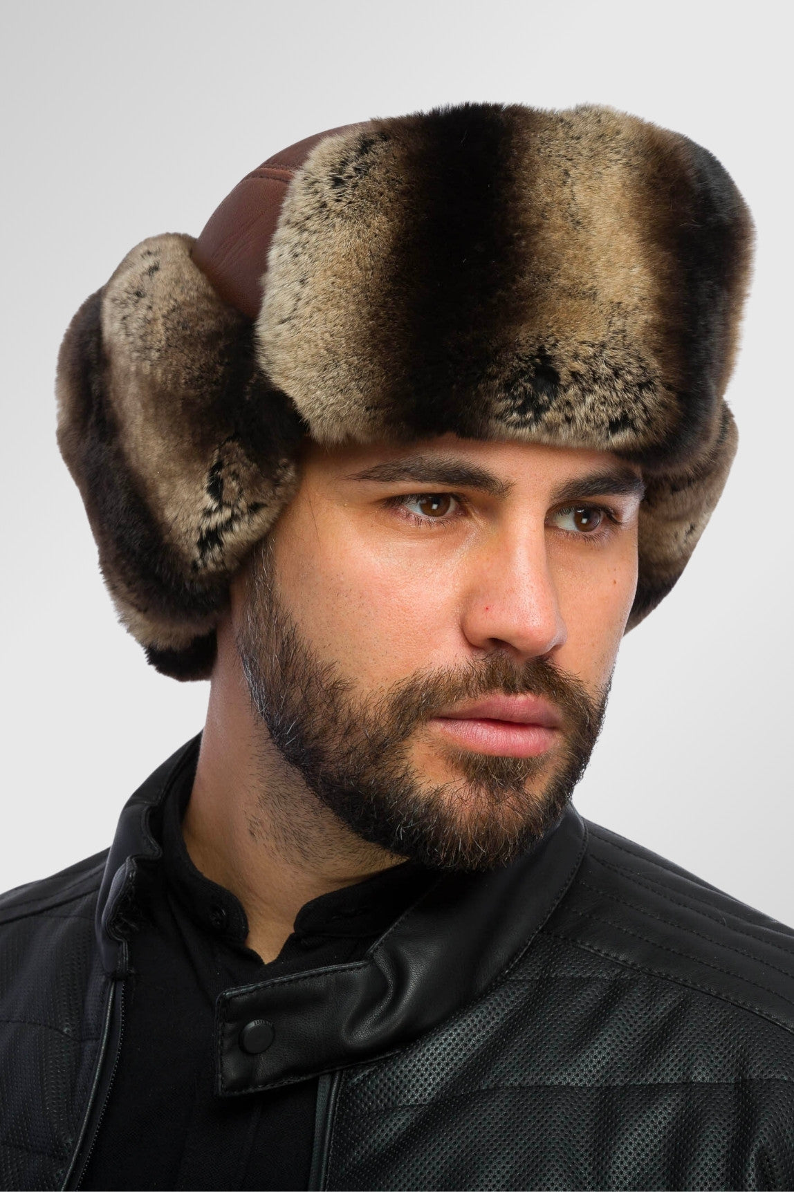 Natural Rex Fur and Leather Hat, Men's, Chocolate and Brown Frost