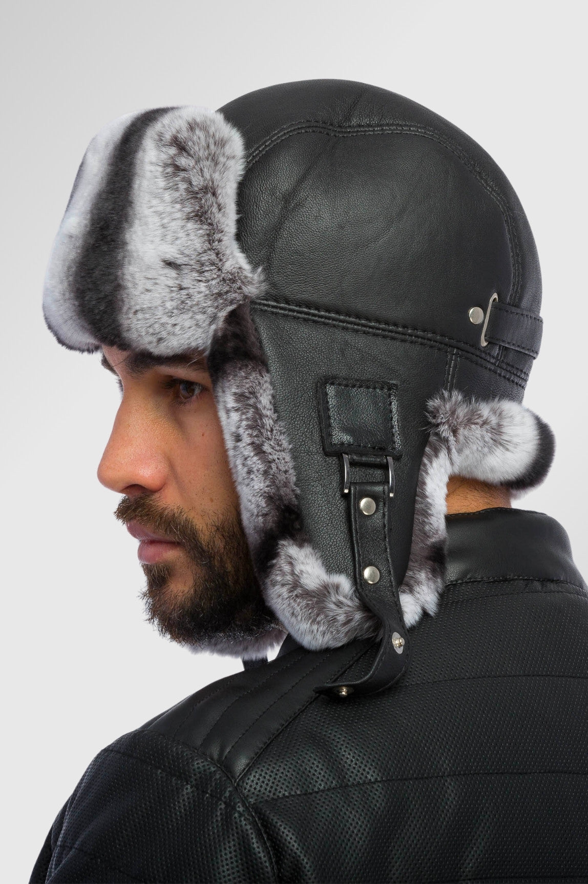 Natural Rex Fur and Leather Hat, Men, Obsidian and Silver Grey