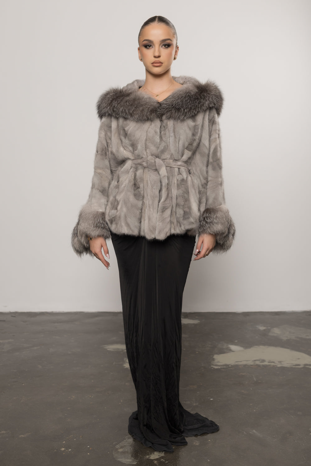 Natural Mink Fur Cape with Drawstring, Fox Fur Collar and Cuffs, Sapph