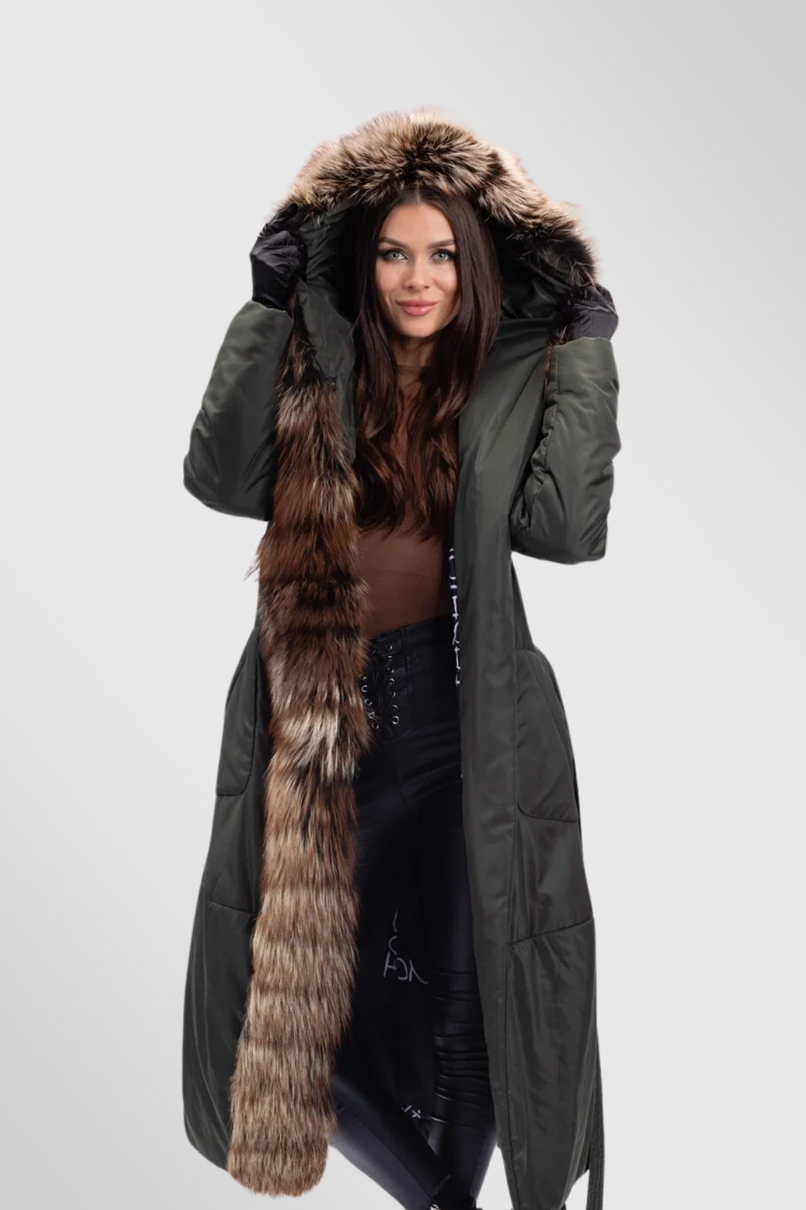 Women's Green Army Brown Frost Natural Fox Fur Parka Jacket