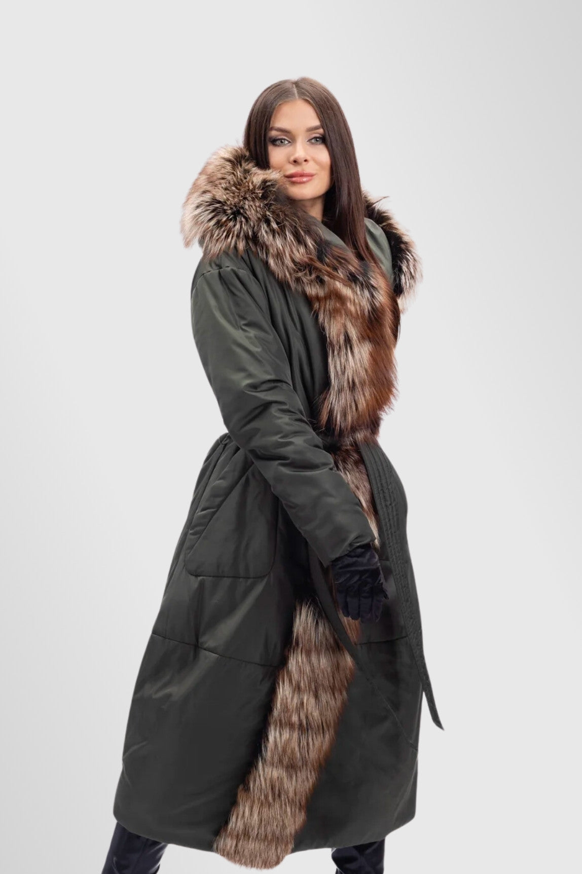 Women's Green Army Brown Frost Natural Fox Fur Parka Jacket