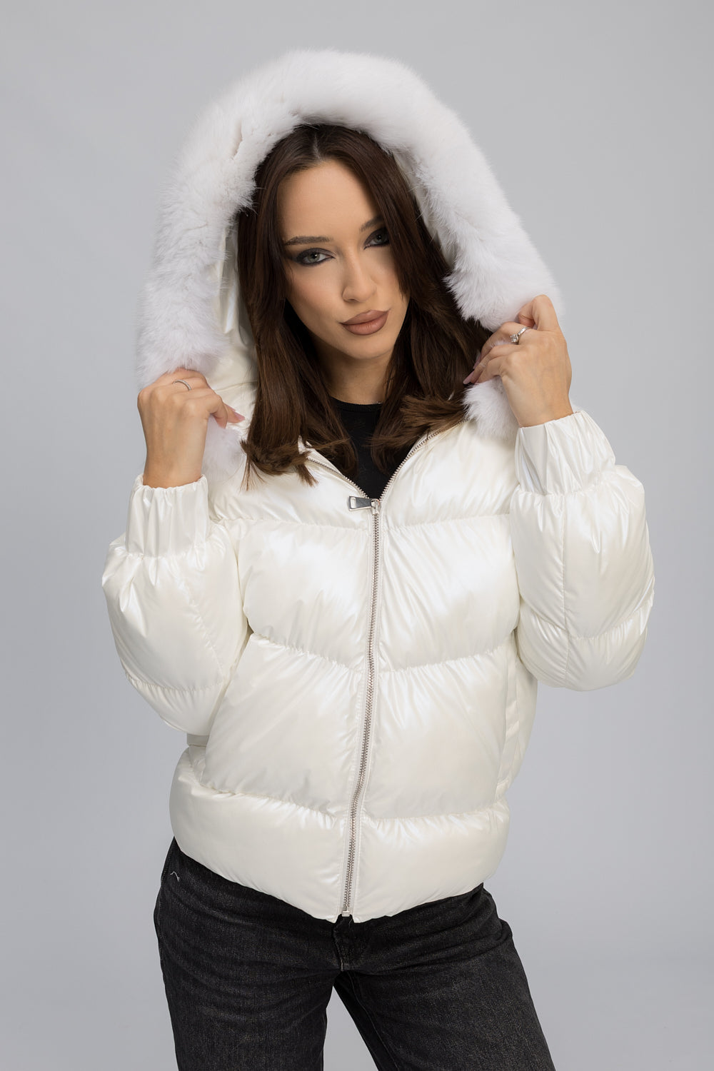 Geacă Bomber cu Guler din Blană Naturală de Vulpe, Femei, Arctic White 461