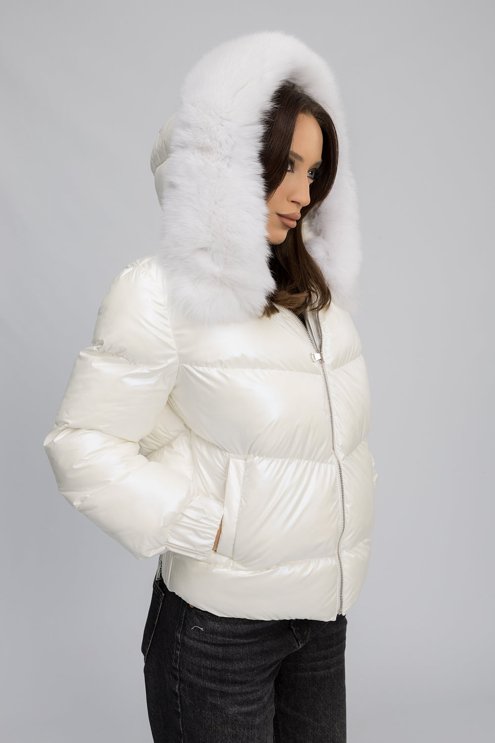 Geacă Bomber cu Guler din Blană Naturală de Vulpe, Femei, Arctic White 461