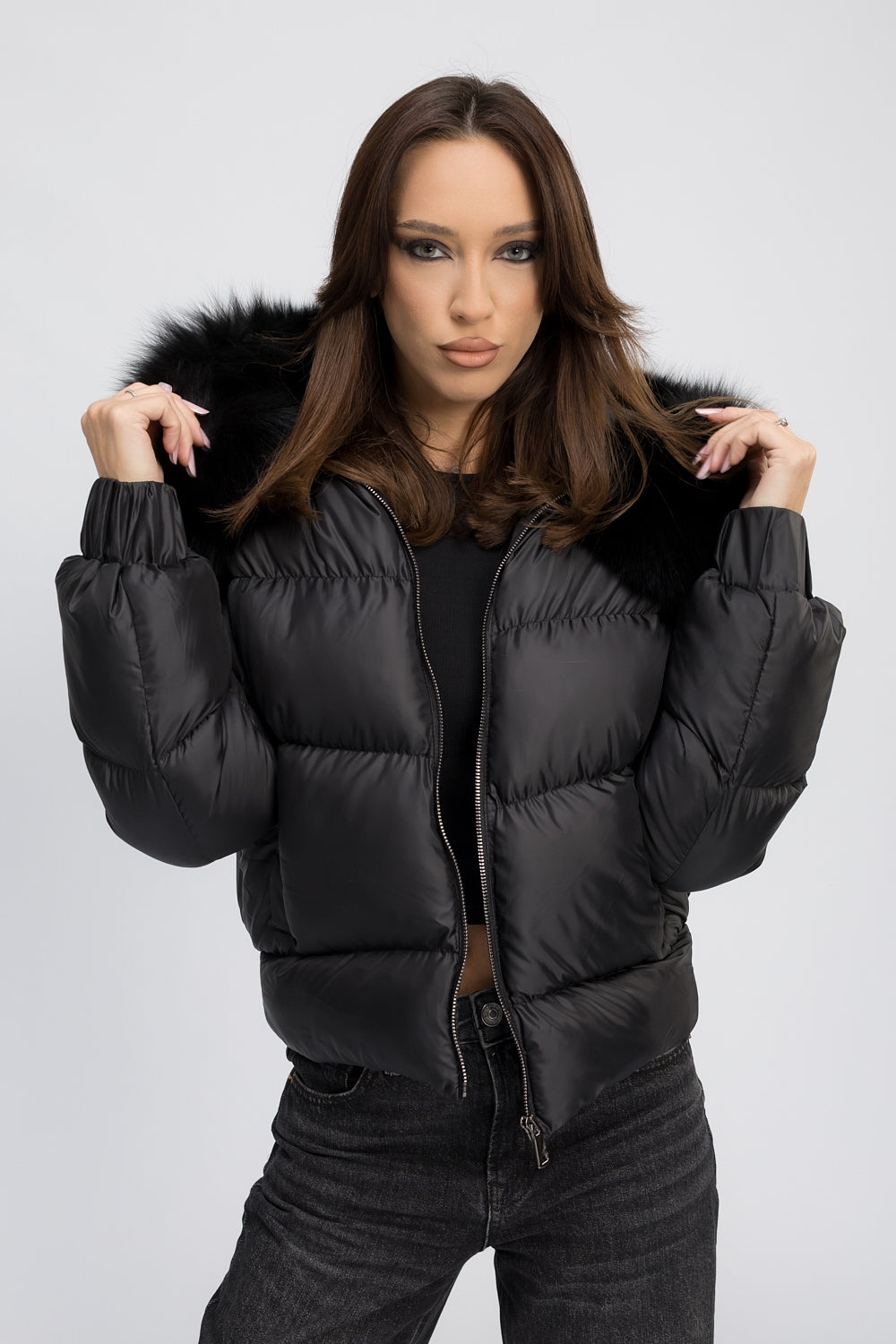 Geacă Bomber cu Guler din Blană Naturală de Vulpe, Femei, Diamond Black 462