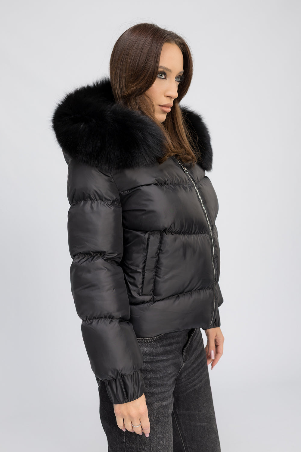 Geacă Bomber cu Guler din Blană Naturală de Vulpe, Femei, Diamond Black 462