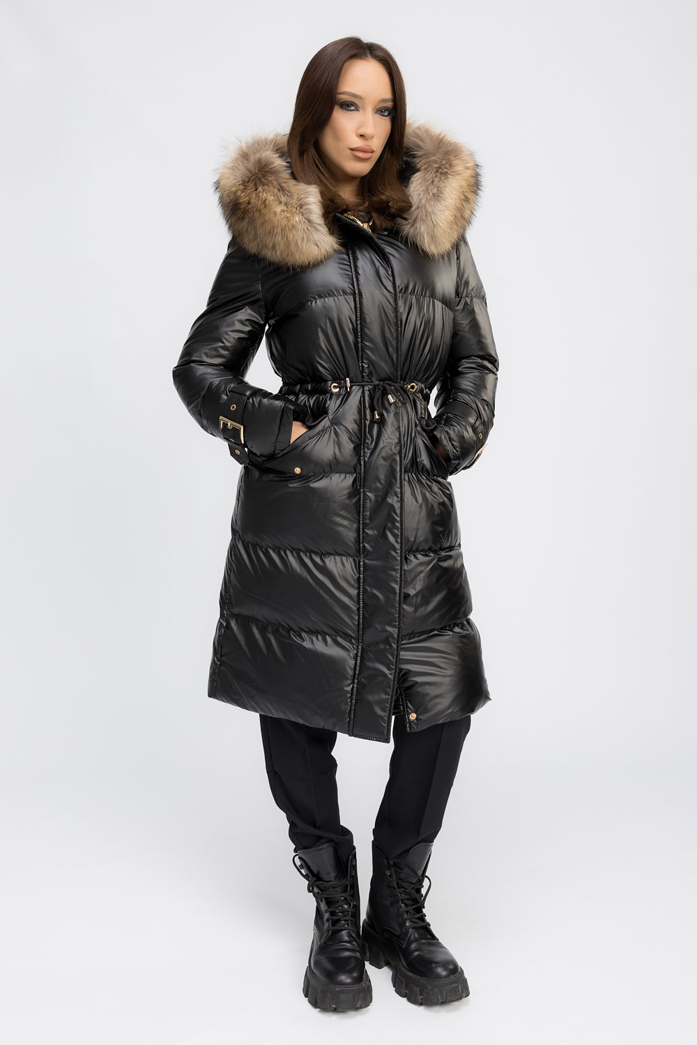 Geacă Parka cu Glugă Detașabilă, Accesorii din Blană Naturală de Raton și Piele Naturală, Femei, Obsidian Black 457