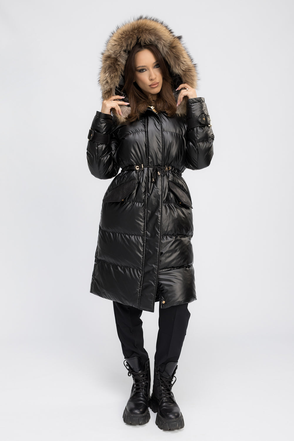 Geacă Parka cu Glugă Detașabilă, Accesorii din Blană Naturală de Raton și Piele Naturală, Femei, Obsidian Black 457