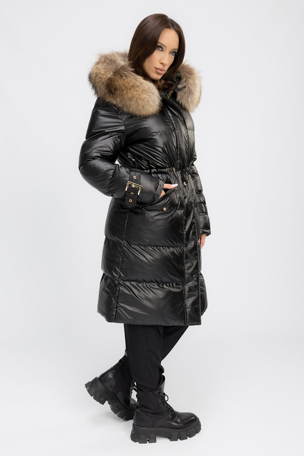 Geacă parka cu glugă detașabilă, accesorii din blană naturală de raton și piele naturală, negru