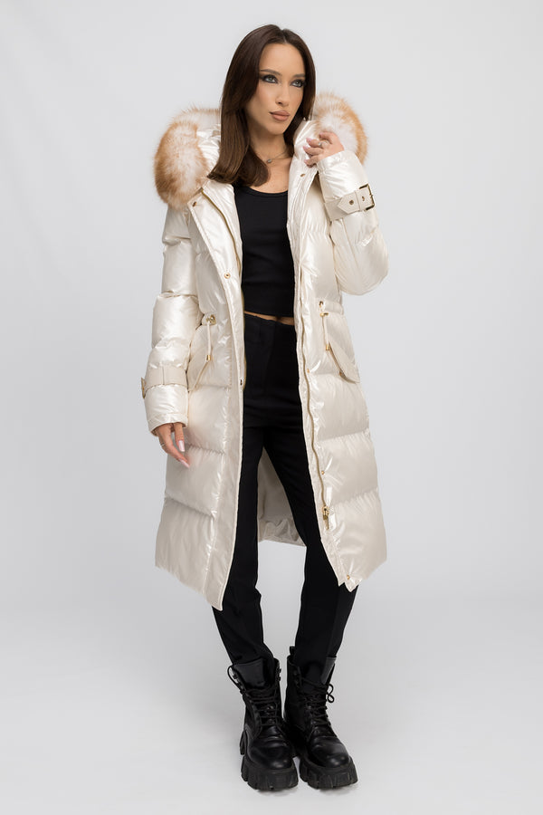 Geacă parka cu glugă detașabilă, accesorii din blană naturală de vulpe și piele naturală, alb fildeș
