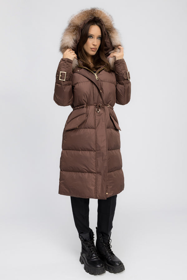 Geacă parka cu glugă detașabilă, accesorii din blană naturală de vulpe și piele naturală, arămiu (Mocha Glow)
