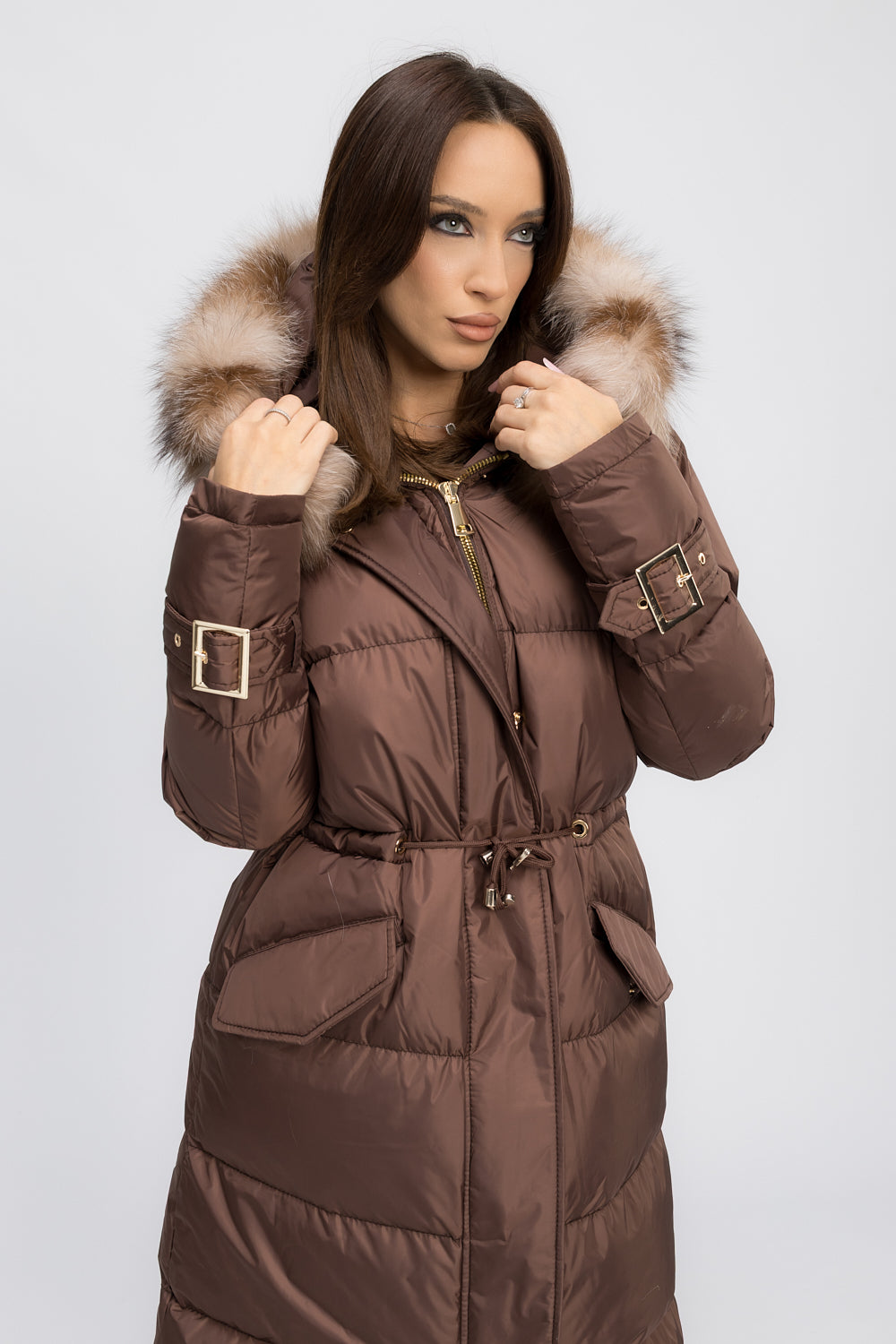 Geacă Parka cu Glugă Detașabilă, Accesorii din Blană Naturală de Vulpe și Piele Naturală, Femei, Mocha Glow 456