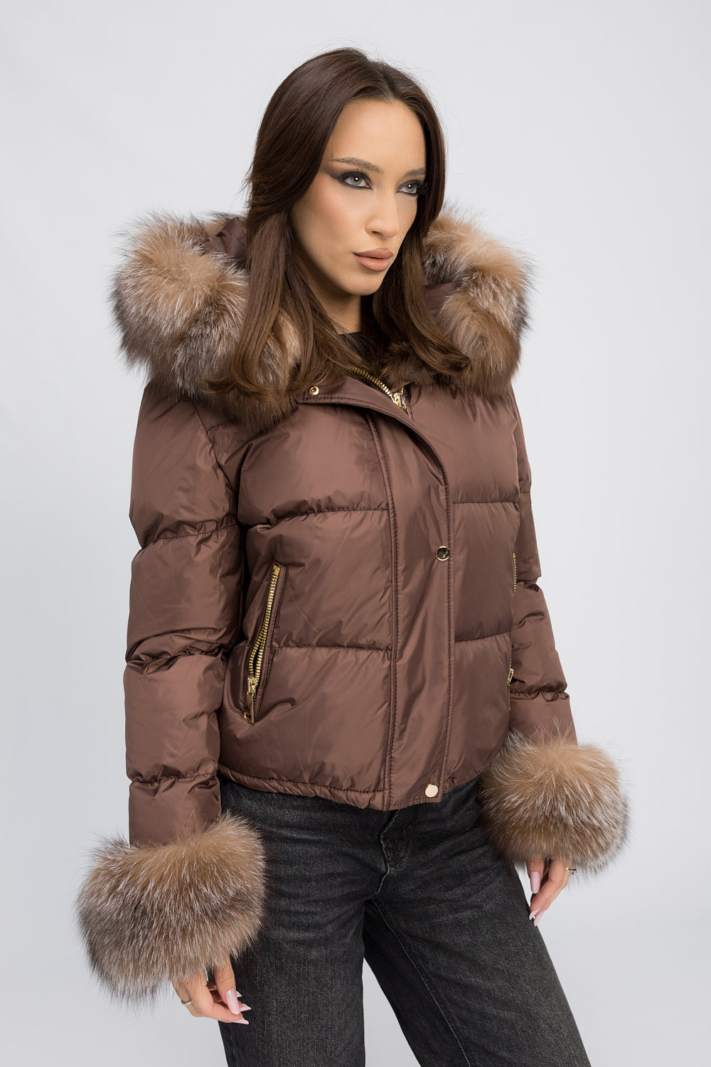 Geacă Scurtă cu Glugă și Manșete din Blană Naturală de Vulpe, Femei, Mocha Glow 459