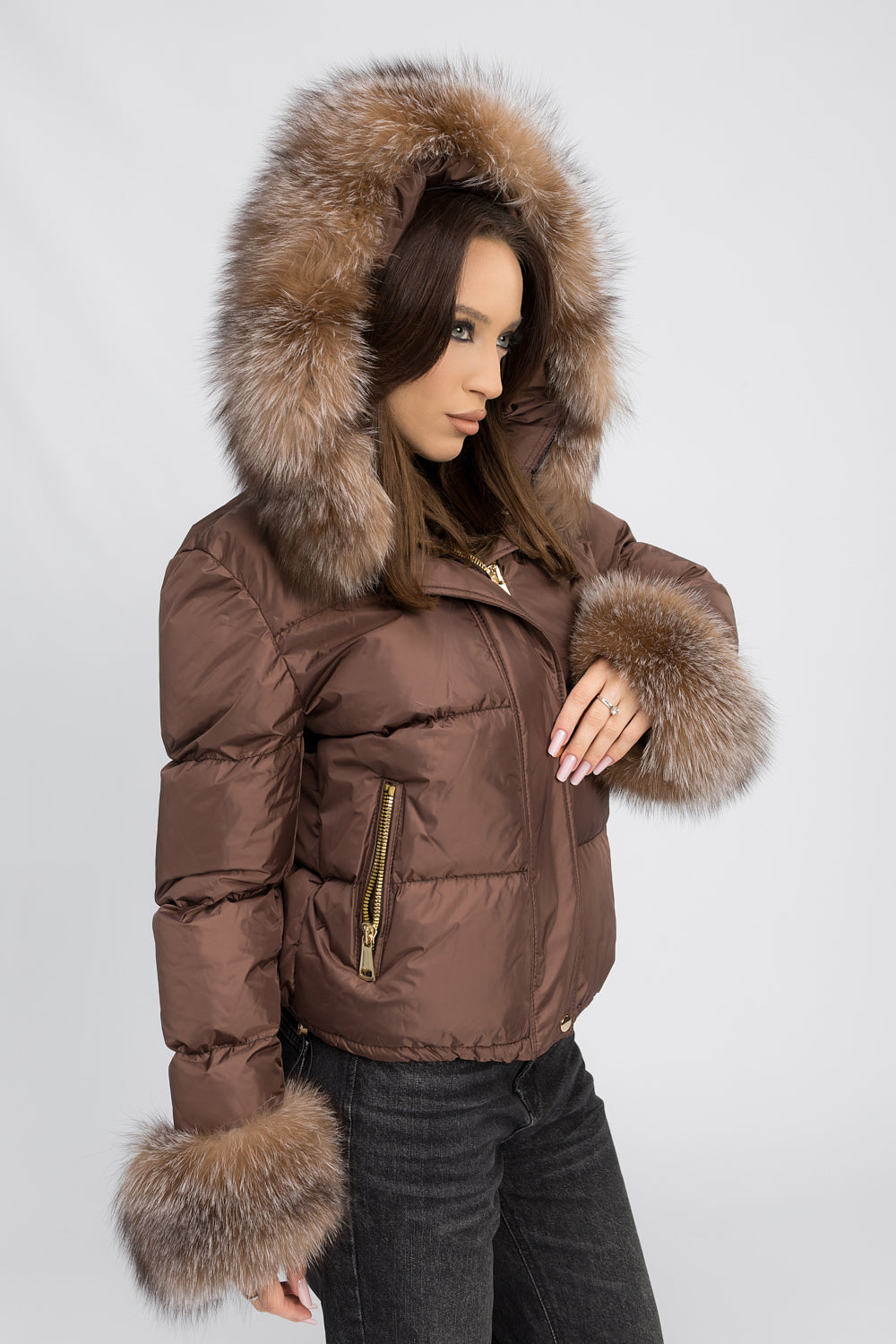 Geacă Scurtă cu Glugă și Manșete din Blană Naturală de Vulpe, Femei, Mocha Glow 459