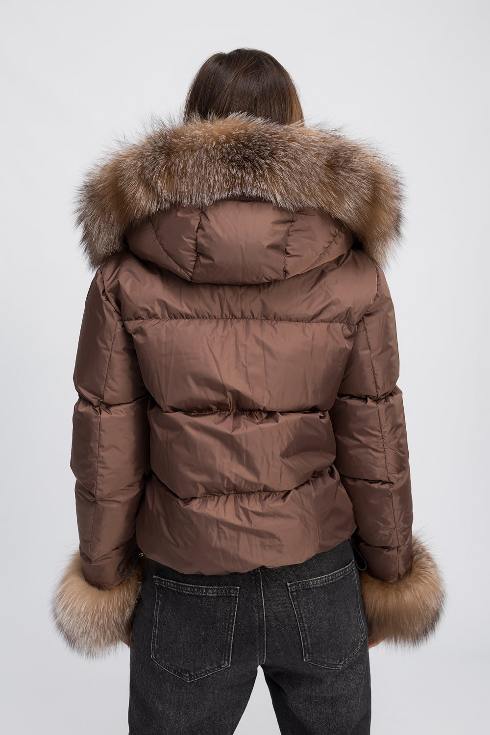 Women's Short Jacket with Hood and Natural Fox Fur Cuffs, Mocha Glow 4