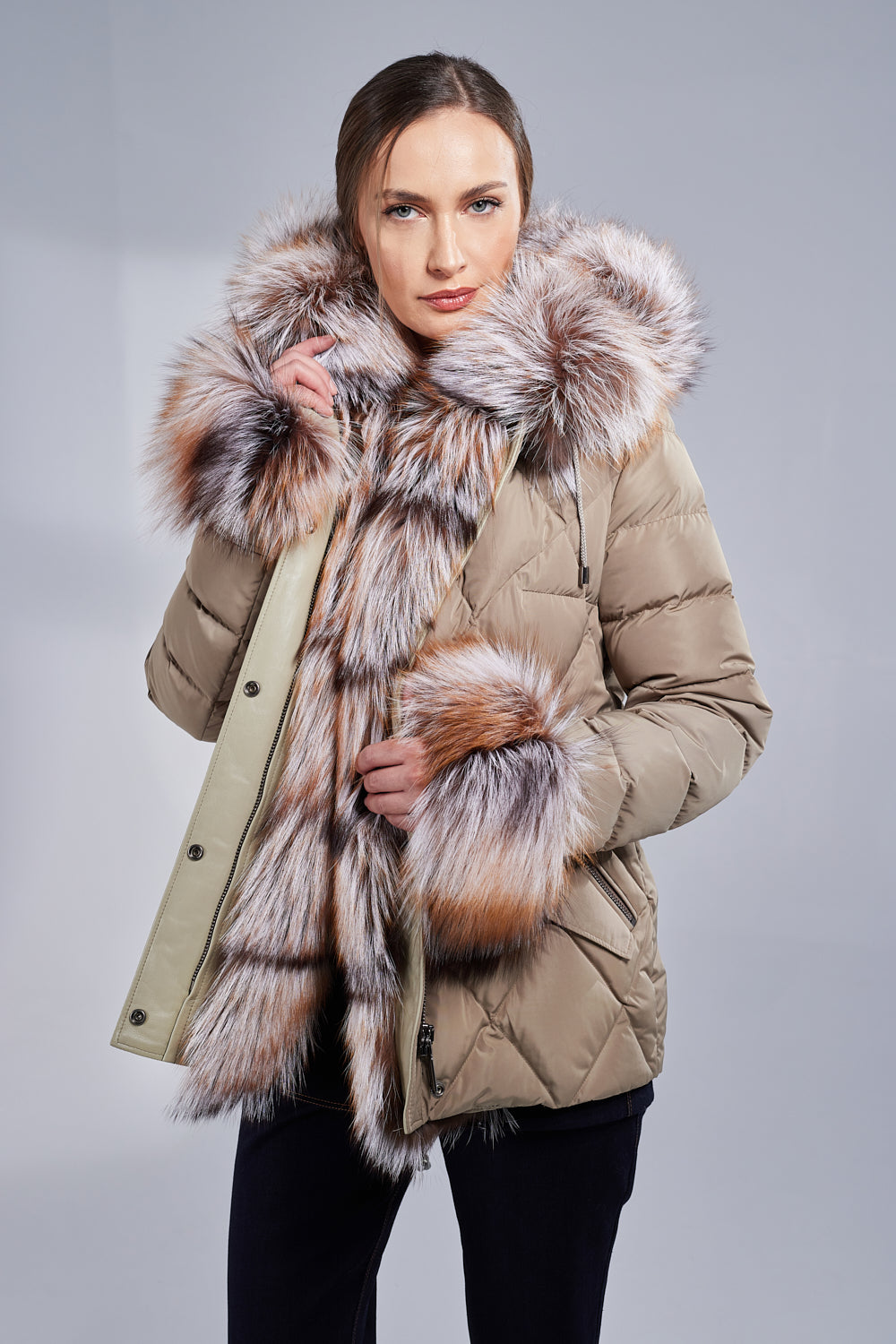 Natural Down Filled Fox Fur Parka Jacket Women Olive and Brown