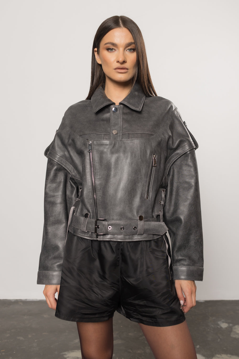 Geacă din Piele Naturală, Aspect Vintage, Oversized, Mâneci Detașabile, Femei, Graphite 388