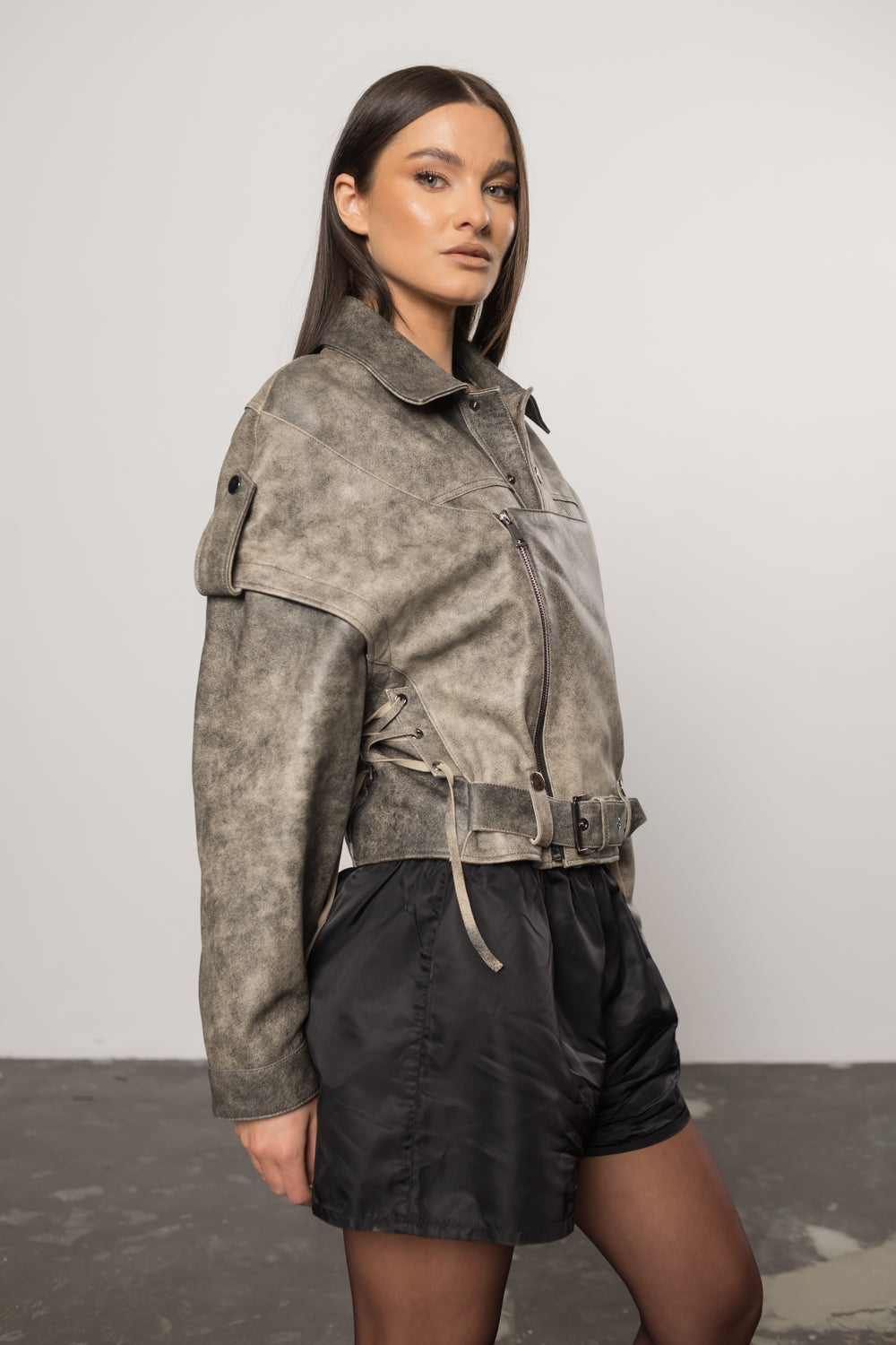 Geacă din Piele Naturală, Aspect Vintage, Oversized, Mâneci Detașabile, Femei, Silver Grey 128