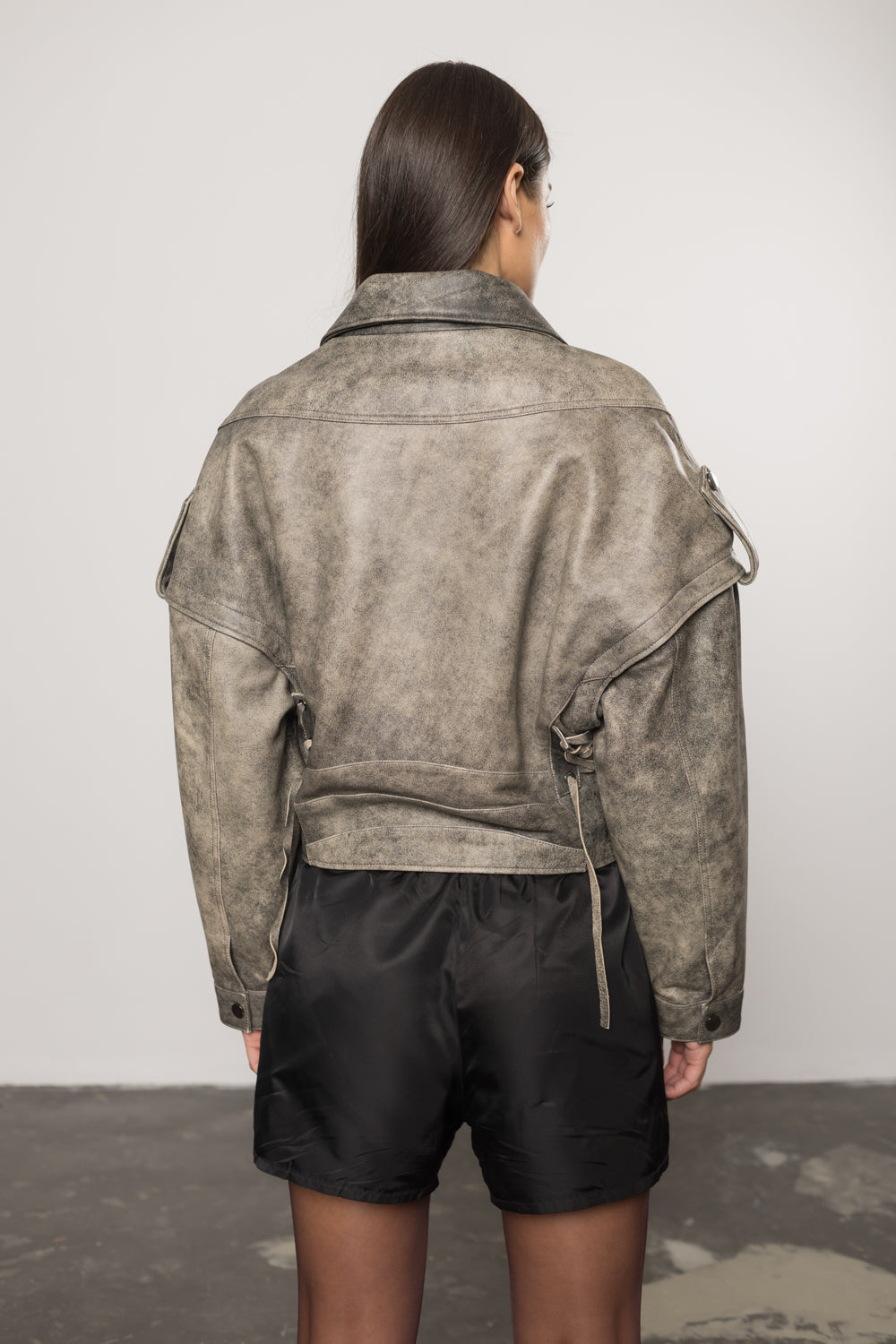 Geacă din Piele Naturală, Aspect Vintage, Oversized, Mâneci Detașabile, Femei, Silver Grey 128