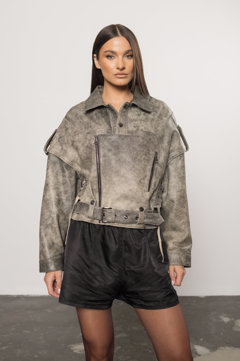 Geacă din Piele Naturală, Aspect Vintage, Oversized, Mâneci Detașabile, Femei, Silver Grey 128
