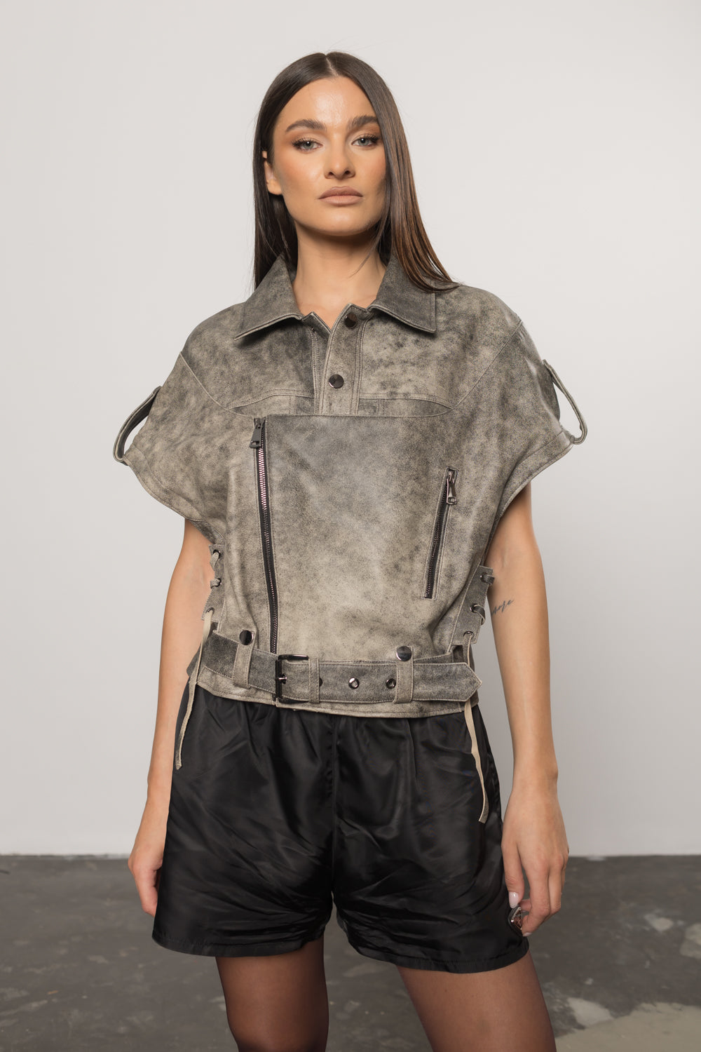Geacă din Piele Naturală, Aspect Vintage, Oversized, Mâneci Detașabile, Femei, Silver Grey 128