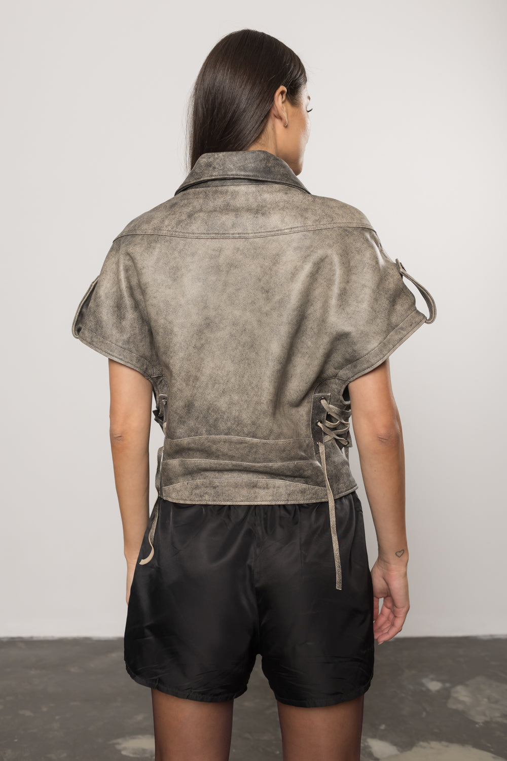 Geacă din Piele Naturală, Aspect Vintage, Oversized, Mâneci Detașabile, Femei, Silver Grey 128