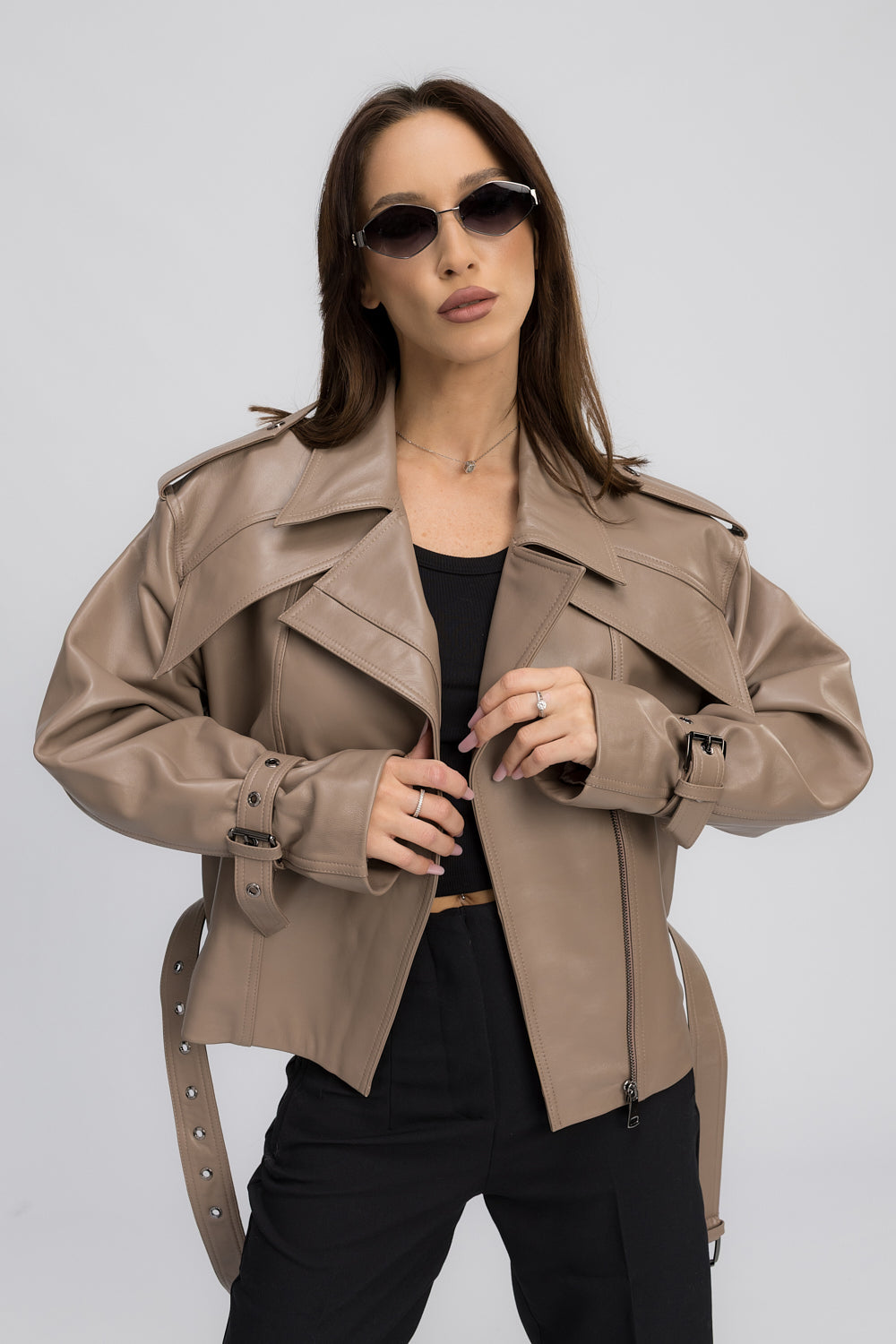Geacă din Piele Naturală, Oversized, Femei, Cappuccino 444