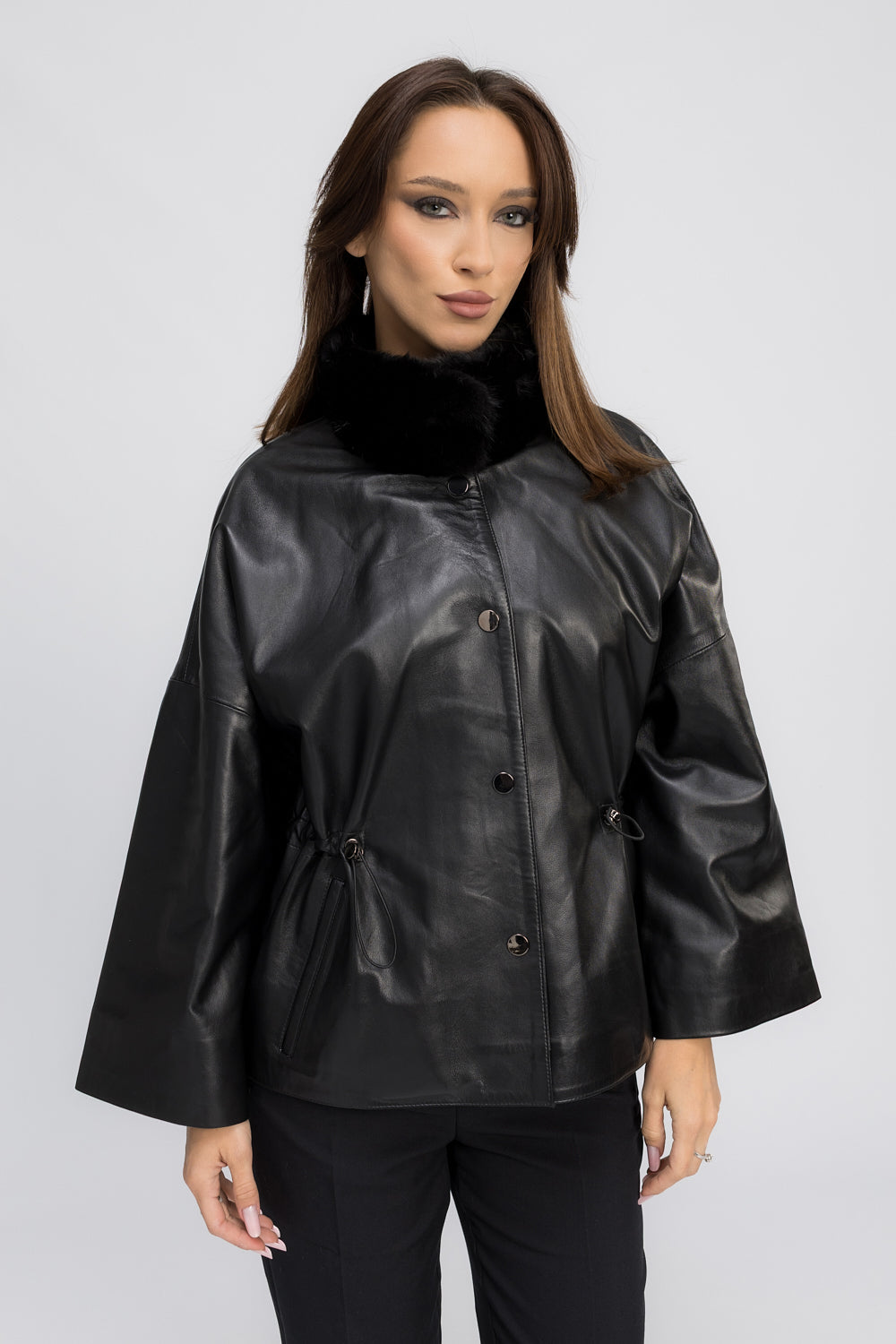 Geacă din Piele Naturală, cu Guler din Blană de Vizon, Oversized, Femei, Obsidian 441