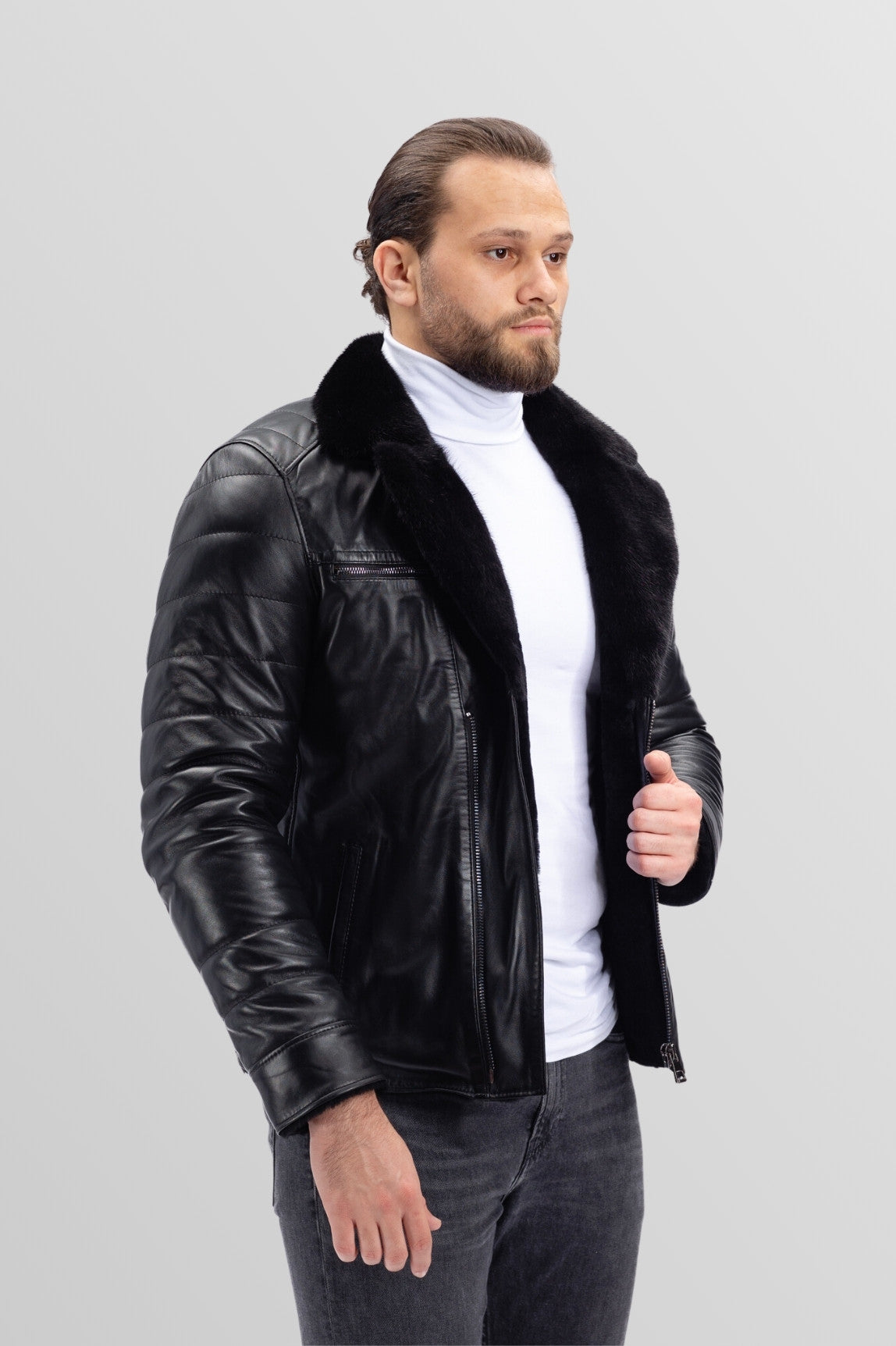 Genuine Leather and Mink Fur Jacket, Men, Obsidian