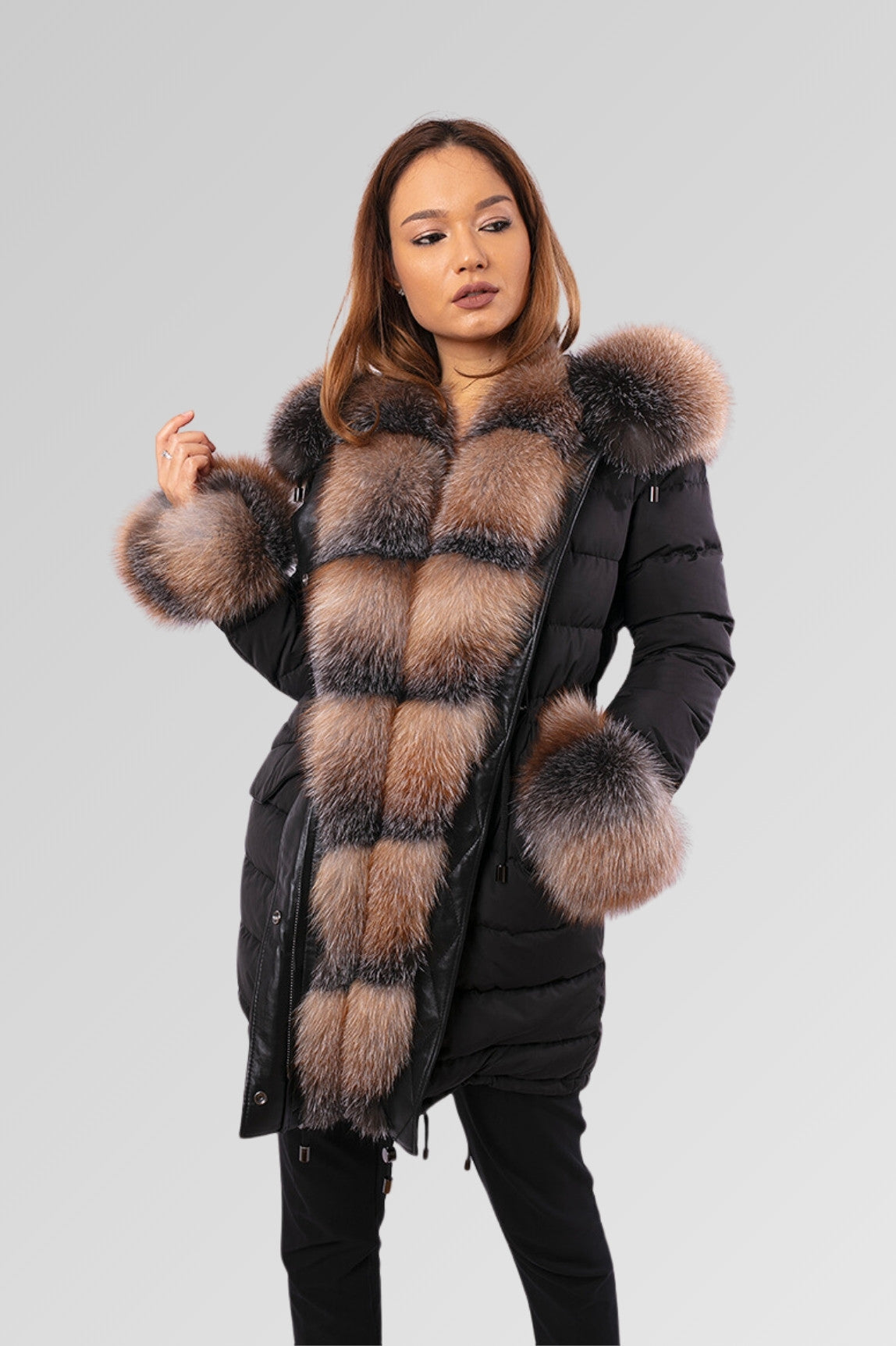 Women's Natural Down Filled Fox Fur Parka Jacket, Obsidian and Brown Frost