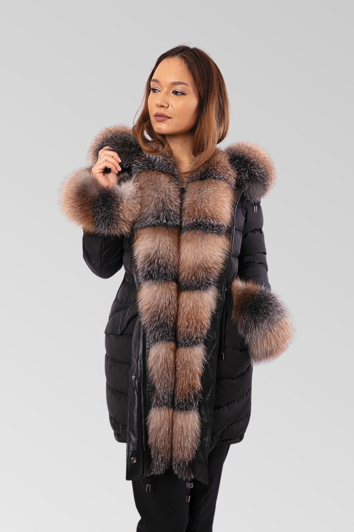 Women's Natural Down Filled Fox Fur Parka Jacket, Obsidian and Brown Frost