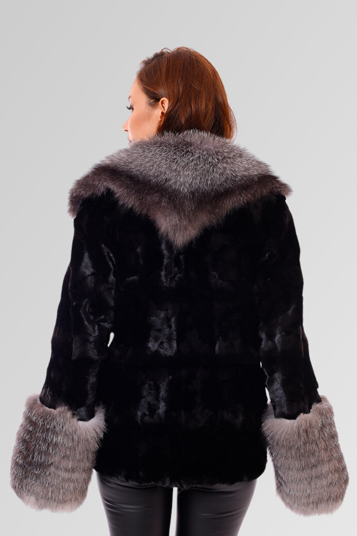 Women's Natural Mink Fur Coat with Fox Collar, Gray Frost
