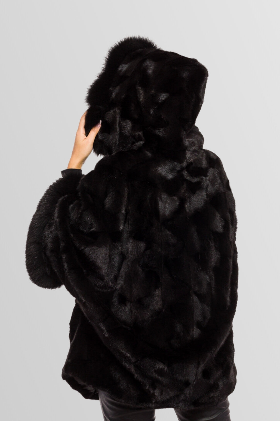 Natural Mink and Fox Fur Coat with Hood, Women, Obsidian