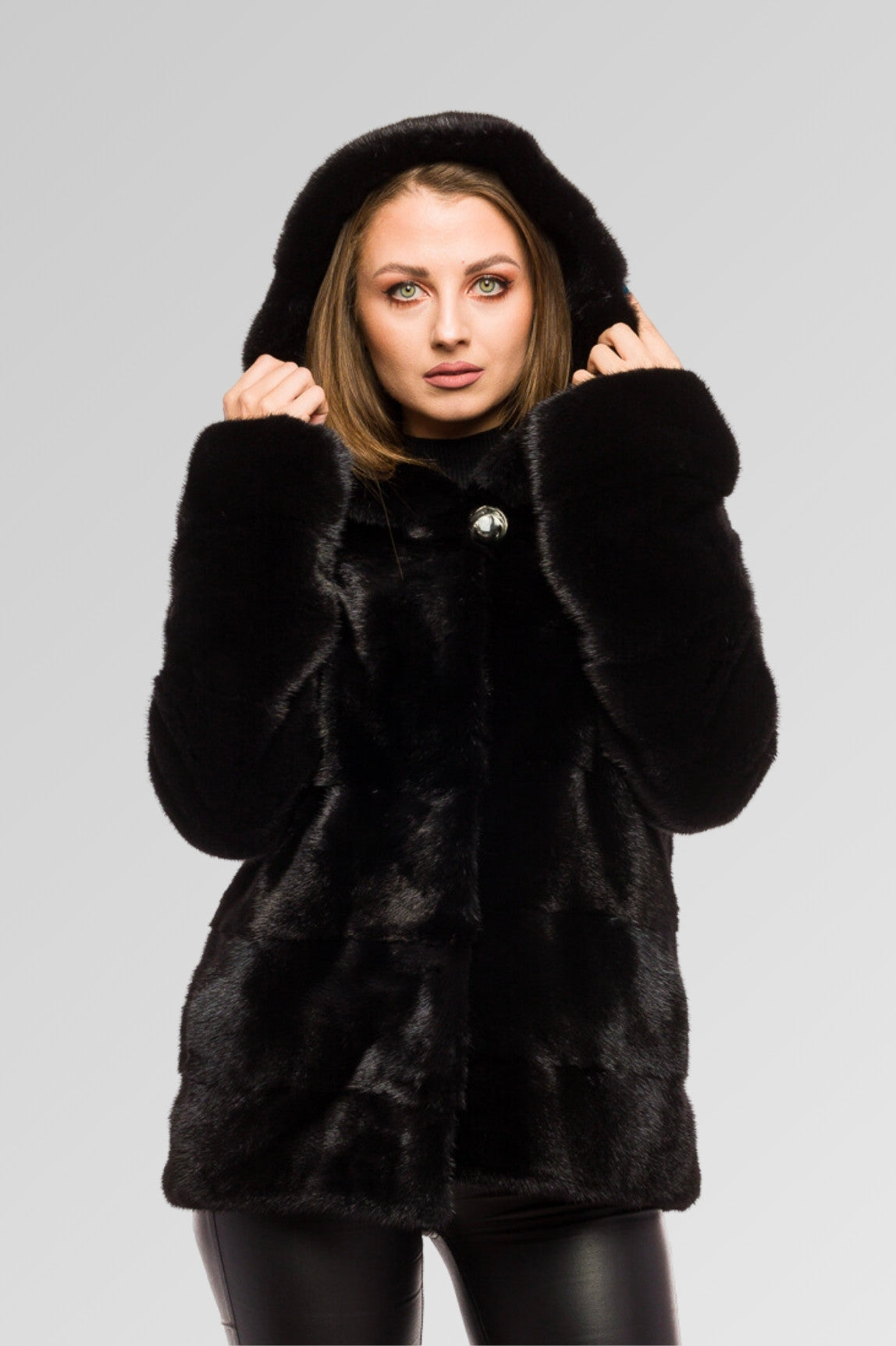 Natural Mink Fur Coat with Hood, Women, Obsidian