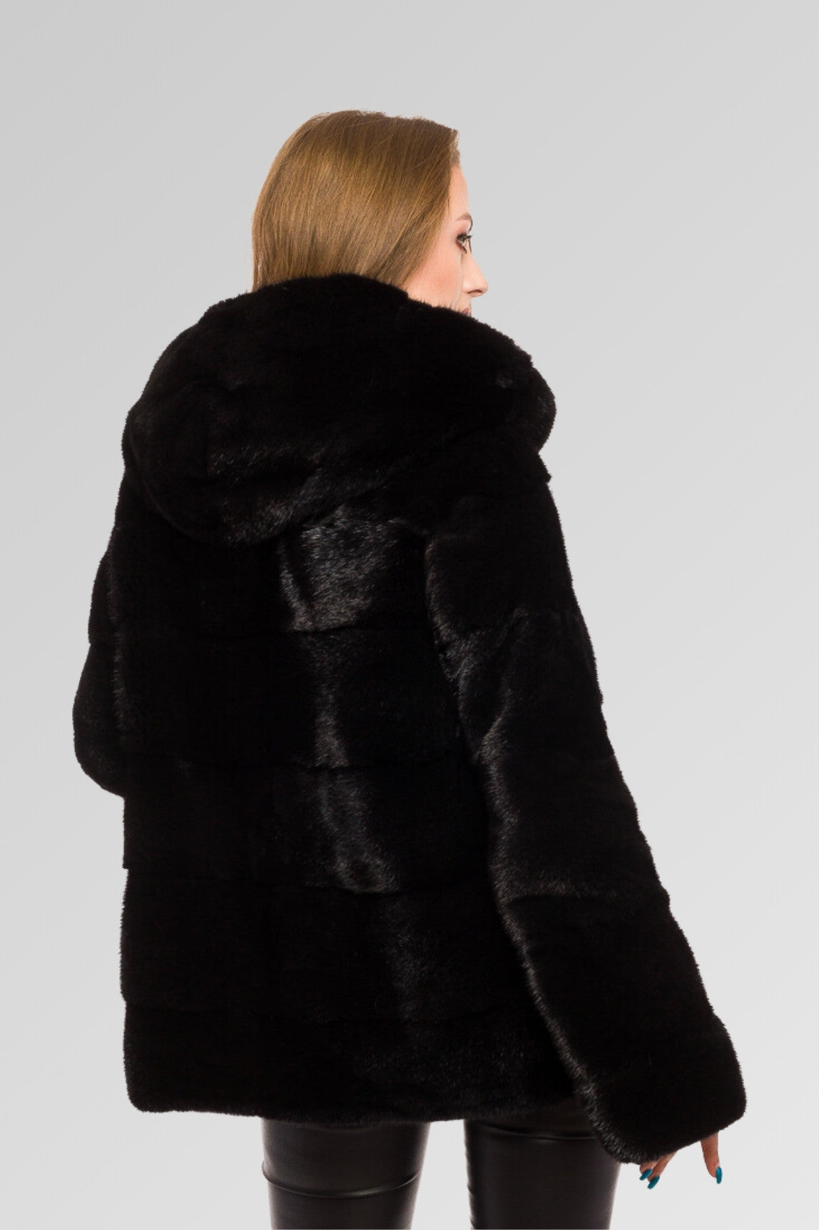 Natural Mink Fur Coat with Hood, Women, Obsidian