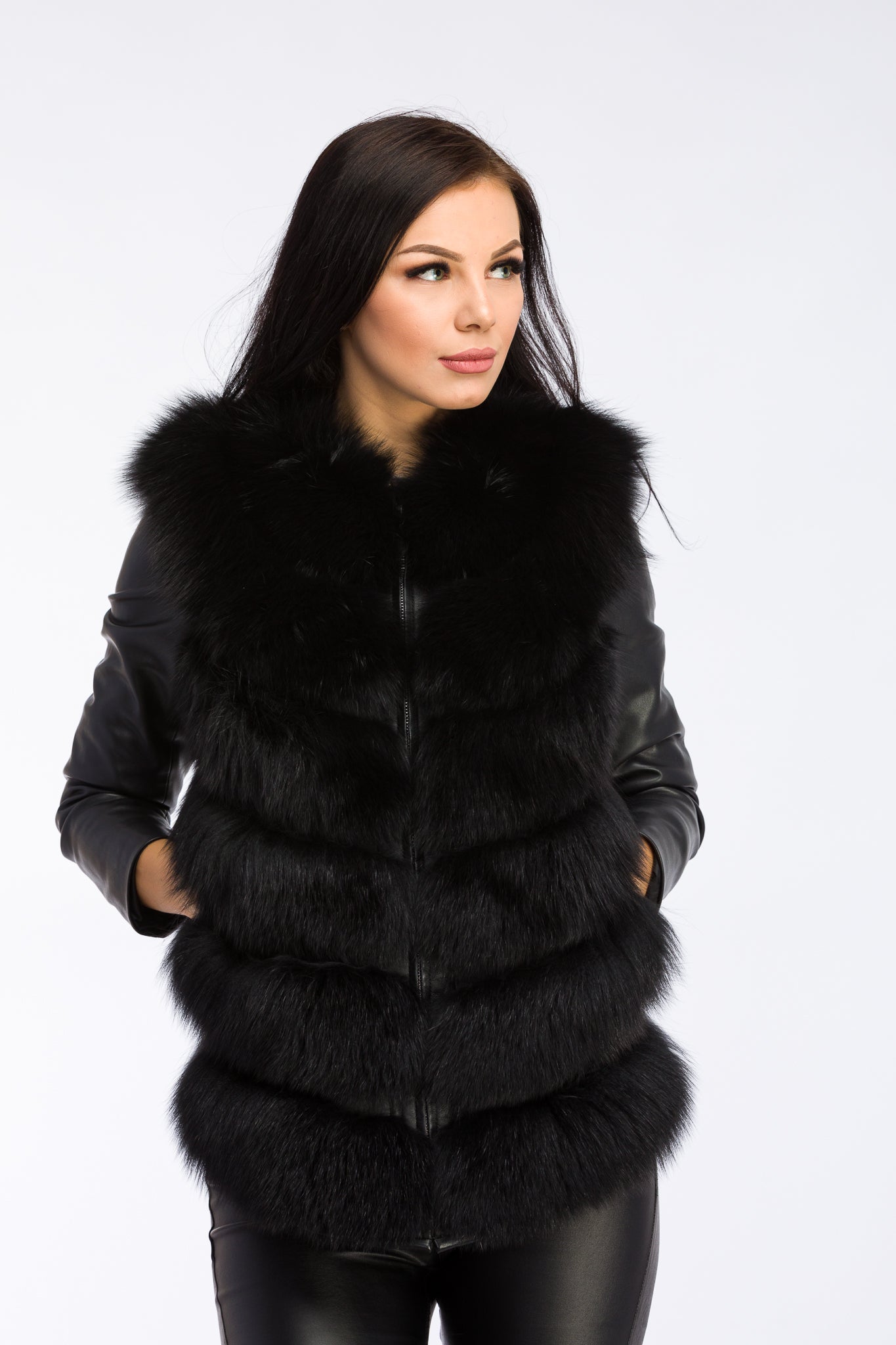 Natural Fox Fur Coat with Detachable Sleeves, Women, Obsidian