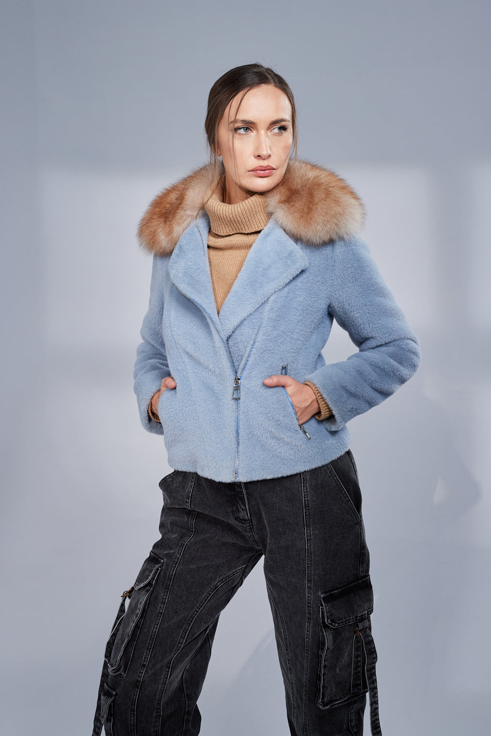 Baby blue coat with fur cheap collar