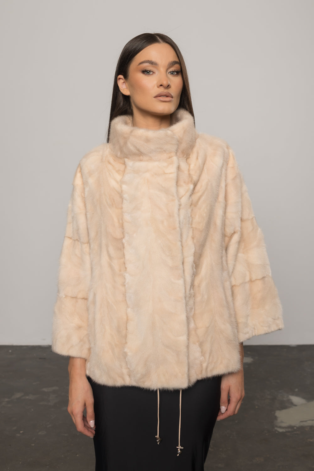 Haină din Blană Naturală de Vizon, Mâneci 3/4, Femei, Pearl 397