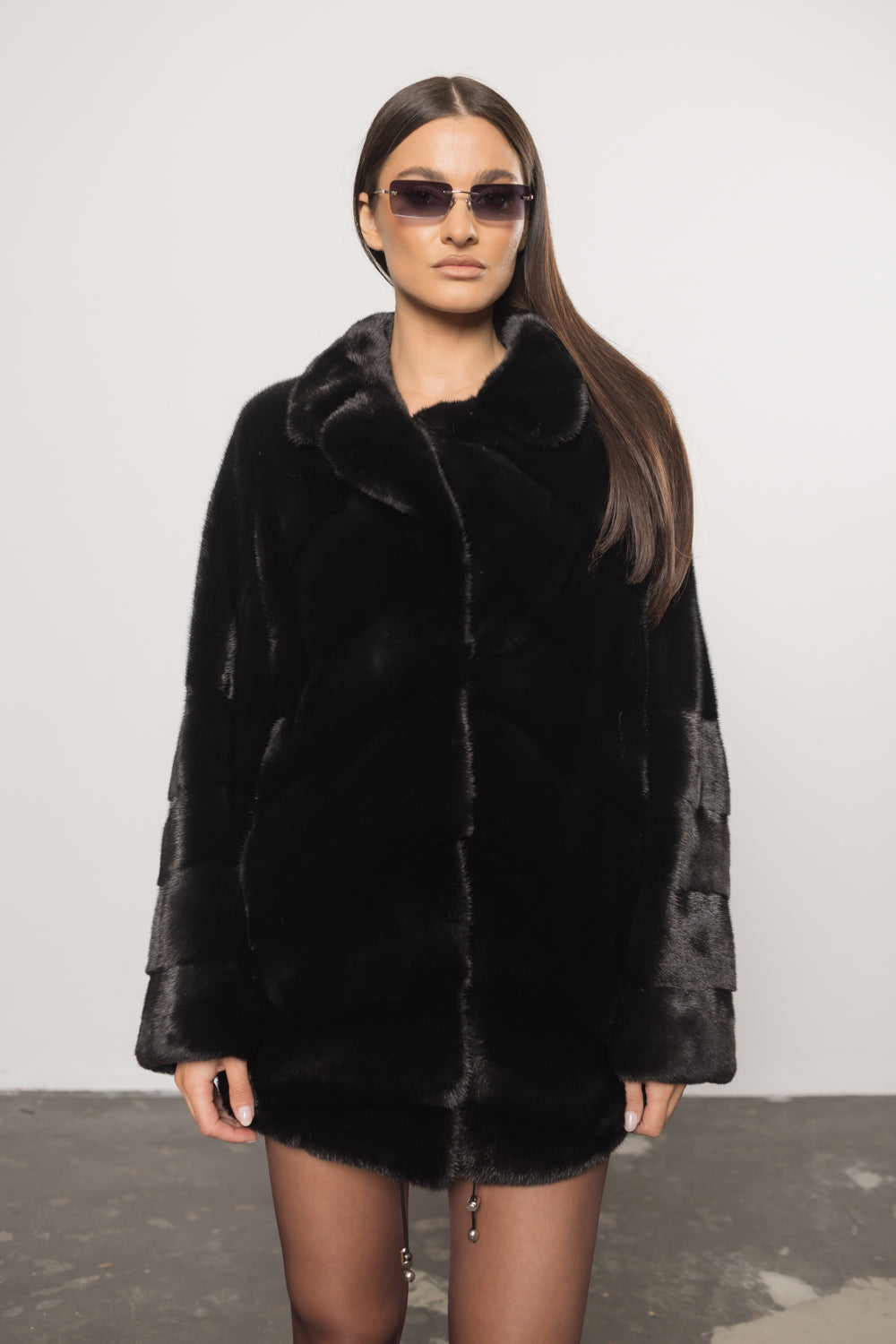 Haină din Blană Naturală de Vizon, Guler Rever, Femei, Diamond Black 415