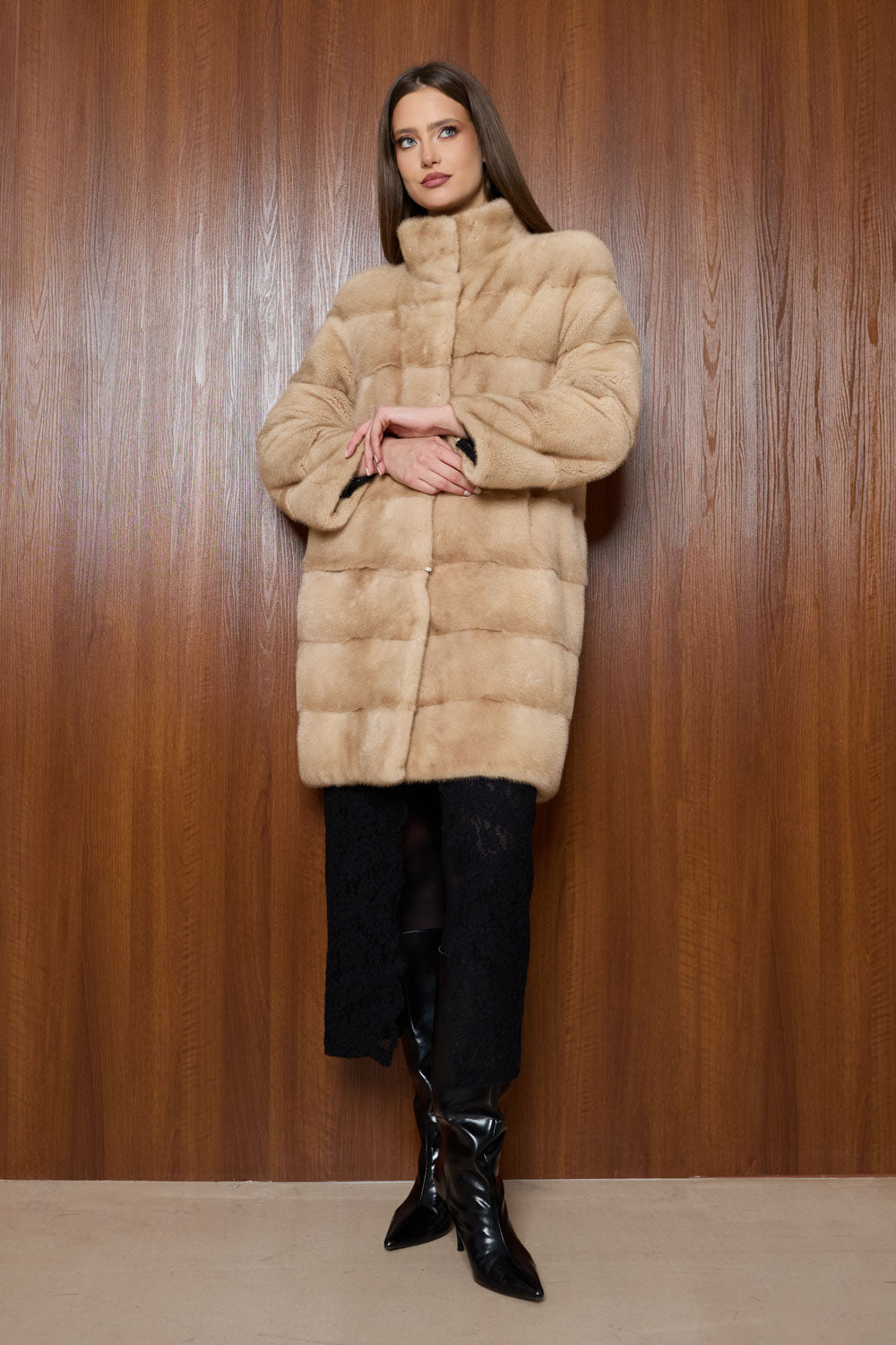 Haină din Blană Naturală de Vizon, Transformabilă, Champagne Sand 505