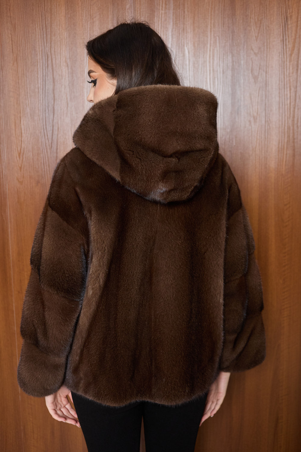 haina blana naturala de vizon maro cu gluga, Mareus