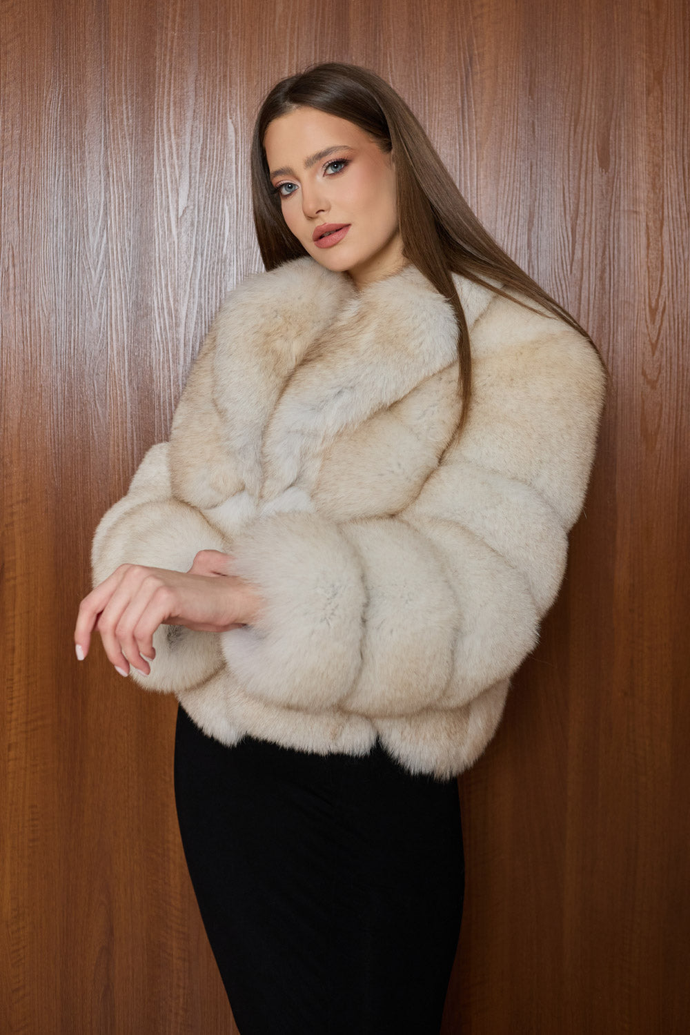 Haină din blană naturală de vulpe bej Mareus