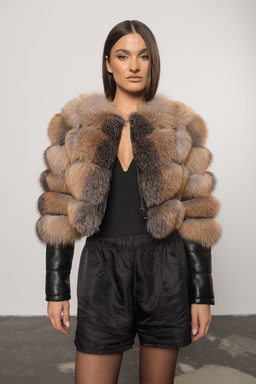 Women's Natural Fox Fur and Leather Coat, Brown Frost 249